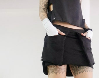 Mini skirt with pockets/cyberpunk black skirt/futuristic mini skirt