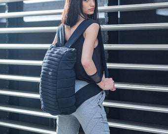 Large black quilted cotton backpack/Unisex zippered fashion bag