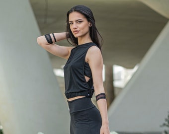 Edgy Womens sleeveless top/Cyberpunk cotton top/Futuristic side splits black top