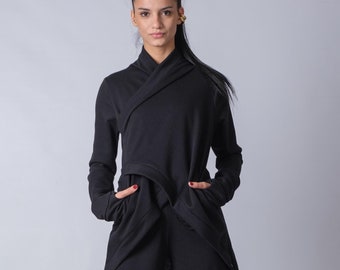 Extravagant Women's Asymmetric Cotton Tunic Top: Black Oversized Sweater with Thumb Holes, Warm Loungewear