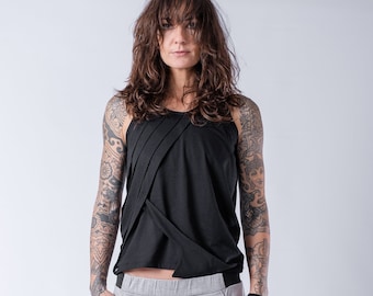 Black Pleated Tank Top: Edgy Sleeveless Cotton Vest, Avant Garde Fashion