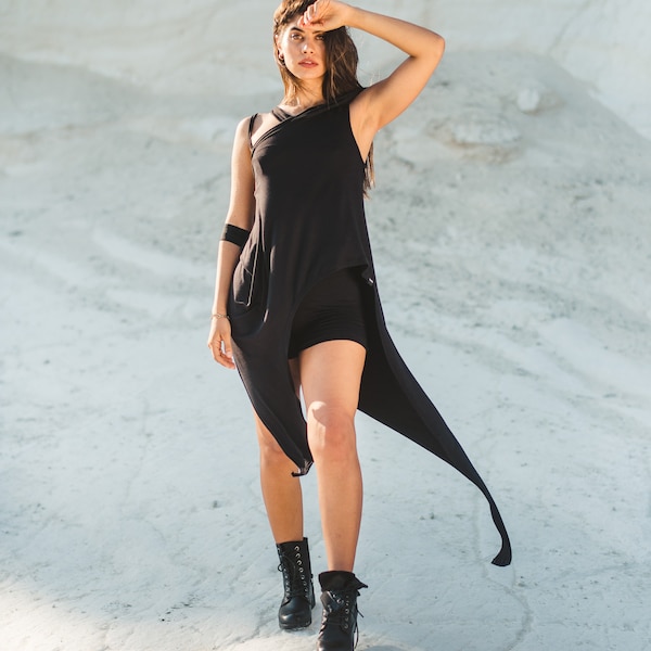 Asymmetric sleeveless edgy tunic/Post apocalyptic long top/Cyberpunk women's top