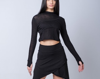 Womens Black Knitted Cotton Turtleneck Top: Long Sleeve Thumb Hole Blouse