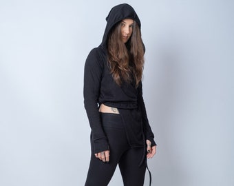 Black Asymmetric Cotton Cardigan/Loose Maxi Top/Plus Size Tunic/Cyberpunk Jacket/Front Tie Wrap Top/Hooded Soft Sweater/Thumb Hole Sleeves