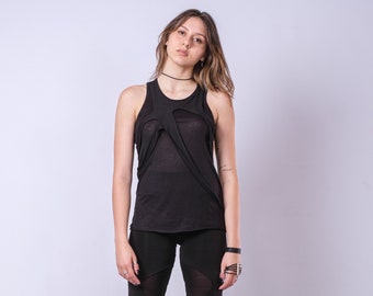 Canotta in morbido cotone nero da donna/Top stravagante/Moda cyberpunk/T-shirt casual estiva bianca/Top a strati/Moda post apocalittica/Retro a vogatore