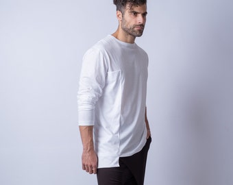 Mens longline long sleeve T-Shirt/Mens asymmetric cotton T-Shirt/Casual mens long top