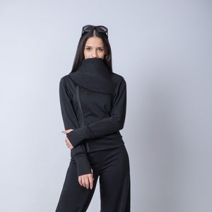 Black Cyberpunk Jacket With High Collar/Futuristic Cotton Zip Sweater/Zip Up Sweatshirt/Post Apocalyptic Fashion/Unisex Zipper Jacket