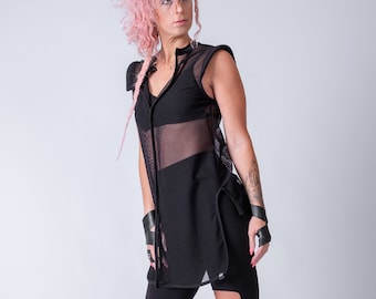 Black Mesh Top, Gothic Fishnet Vest, Asymmetric Sleeveless Sheer Blouse, Cyberpunk Fashion Top