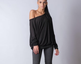 Women's Oversized Off-Shoulder Cotton Knit Top: Draped Balloon Sleeve Blouse