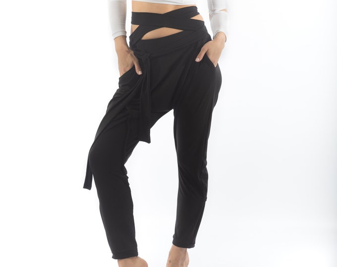Urban baggy straps elastic pants/Low crotch multi-functional/ Street style women's pants