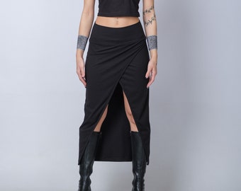 Women,s Black High Waisted Soft Heavy Cotton Skirt/Elegant Maxi Skirt With Split/Fitted Black Slit Skirt