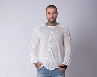 Asymmetric White Long Sleeve Top: Men's Burning Man Festival Shirt