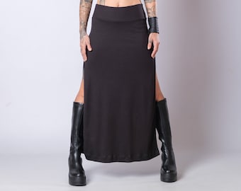 Women's Black High Waisted Soft Heavy Cotton Skirt/Elegant Maxi Skirt With Side Splits/Fitted Black Slit Skirt