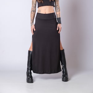 Women's Black High Waisted Soft Heavy Cotton Skirt/Elegant Maxi Skirt With Side Splits/Fitted Black Slit Skirt