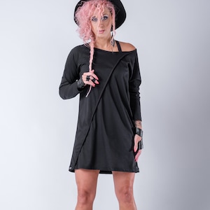Off shoulder long sleeve mini dress/Women&#39;s casual black shift dress