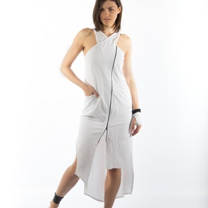 sleeveless front zipper asymmetric dress/halter sports back side splits casual dress image 2