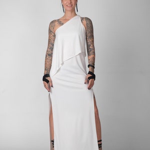 one shoulder split thigh dress One Shoulder Thigh Split Maxi Sleeveless Dress Black Size 10