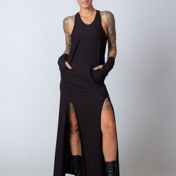 New Maxi Black Racer Back Dress/Cotton Extravagant Side Split Dress/Racer Back Tunic Dress With Pockets/Casual Street Wear