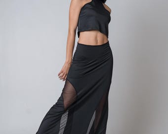 Sheer Black Maxi Skirt:Jersey and Tulle High Waist Outfit