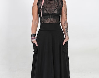 Black Maxi Skirt: High Waist Cotton Balloon Skirt with Pockets