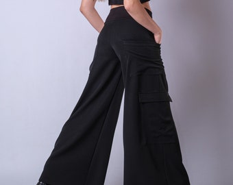 High Waist Black Loose Wide Leg Pants/Extravagant High Rise Palazzo Pants/Cyberpunk Black Cargo Style Trousers