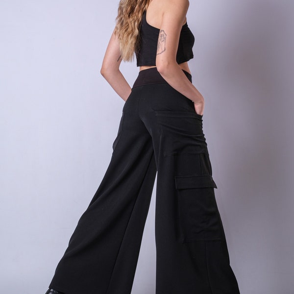 Hohe Taille schwarze lockere Hose mit weitem Bein / extravagante High Rise Palazzo Hose / Cyberpunk Schwarz Cargo Style Hose