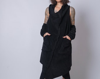Black Asymmetric Loose Fleece Vest with Hood – Futuristic Gothic Hoodie Style