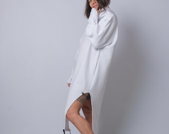 Asymmetric Cotton Tunic Sweater Dress, Thumb Holes, Avant-Garde