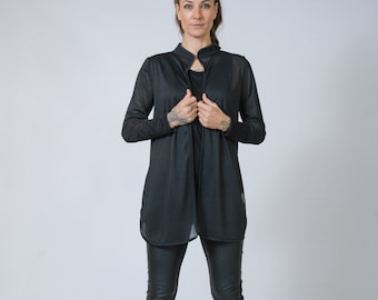 Chemise noire en résille transparente | Haut gothique asymétrique, devant ouvert