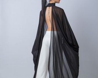 Extravagante cape noire transparente tunique/haut long asymétrique en résille/cape transparente/chemisier à col roulé/haut dos nu élégant/cape de soirée de luxe