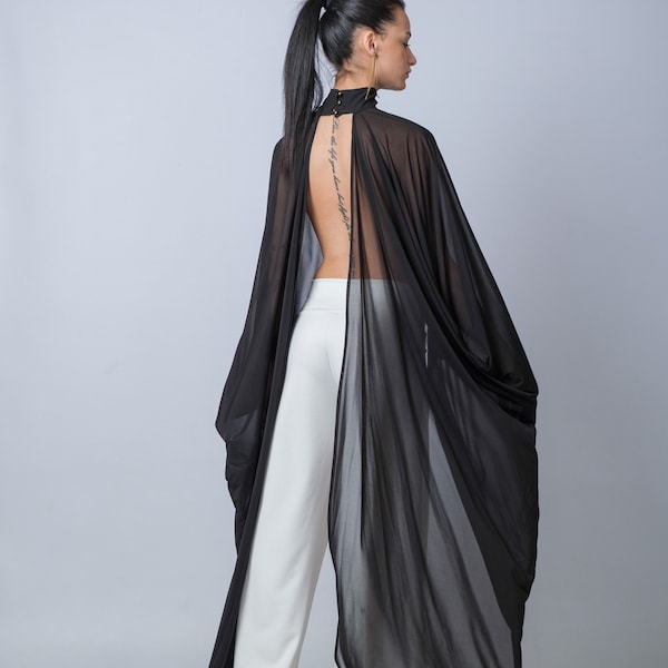 Black Sheer Cape Tunic, Asymmetric Mesh Top, Backless Blouse