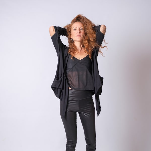 Black Cotton Cyberpunk Hoodie, Split Sleeves, Plus Size Cardigan