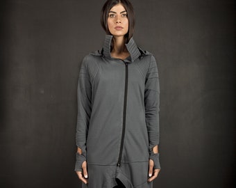 Cyberpunk long coat with hood/Futuristic zipper women's jacket