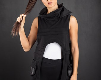 Asymmetric Cyber Vest high collar and pockets/post apocalyptic women's vest/edgy sleeveless high collar sweater