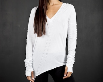 Women's Cotton Asymmetric V-Neck Thumb Hole Top: Edgy Streetwear Shirt