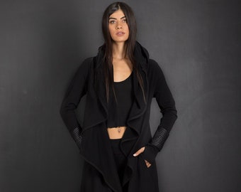 Black Cyberpunk Hooded Jacket/Futuristic Women's Cape/Post Apocalyptic Loose Cloak With Thumb Holes