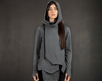 Sudadera con capucha futurista de algodón con cremallera/sudadera asimétrica Cyberpunk con orificios para el pulgar/moda postapocalíptica
