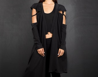 Black Futuristic Asymmetric Jacket/Cyberpunk Cotton Cardigan/Sci Fi Fashion/Avant Garde Long Split Sleeve Jacket