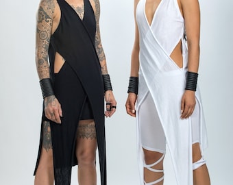 Asymmetric Cotton Lycra Tunic: Sleeveless Wrap Top, Futuristic Blouse
