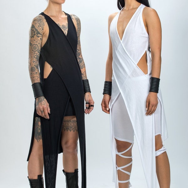 Damen Baumwoll-Lycra-Oberteil mit V-Ausschnitt / asymmetrische lange Tunika / ärmelloses Wickeloberteil / Urban warrior-Oberteil / futuristische Kleidung / extravagante Bluse