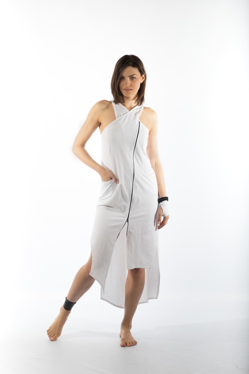 sleeveless front zipper asymmetric dress/halter sports back side splits casual dress image 2