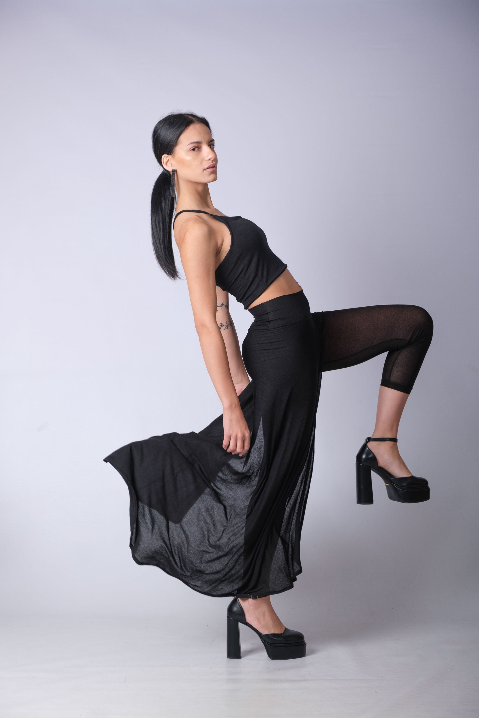 Extra Long Extravagant Black Skirt/Sheer Maxi Skirt With Thigh High Split/Skirt With Leggings/Evening Outfit/Cocktail Black Elegant Skirt