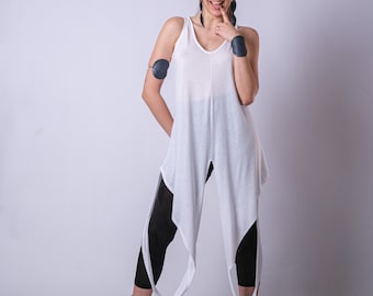 Women's Asymmetric Loose Tunic/Summer White Long Top/Extravagant Tunic Top/Handmade Long Top/Plus Size Sleeveless Tunic/V Neck Tunic