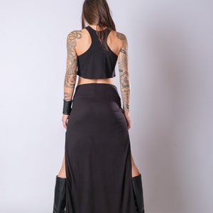 Women's Black High Waisted Soft Heavy Cotton Skirt/Elegant Maxi Skirt With Side Splits/Fitted Black Slit Skirt image 9