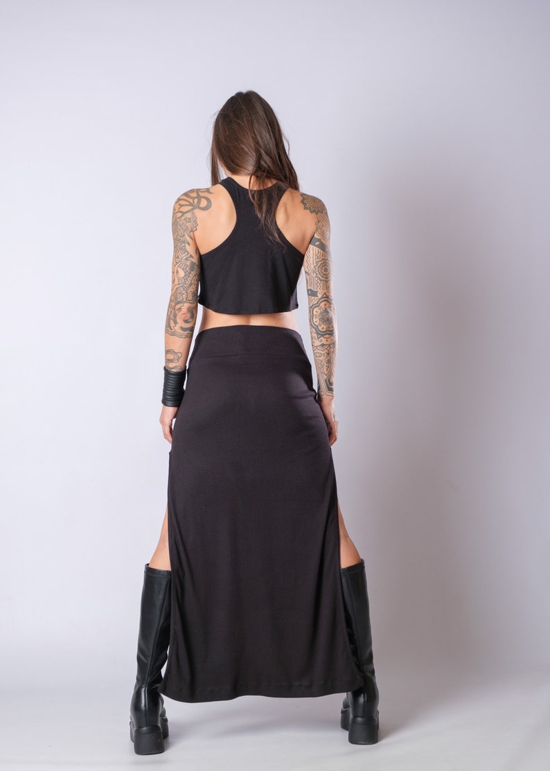 Women's Black High Waisted Soft Heavy Cotton Skirt/Elegant Maxi Skirt With Side Splits/Fitted Black Slit Skirt image 9