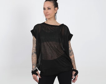 Sheer Oversized Off-Shoulder Top: Cotton Blend Sleeveless Blouse