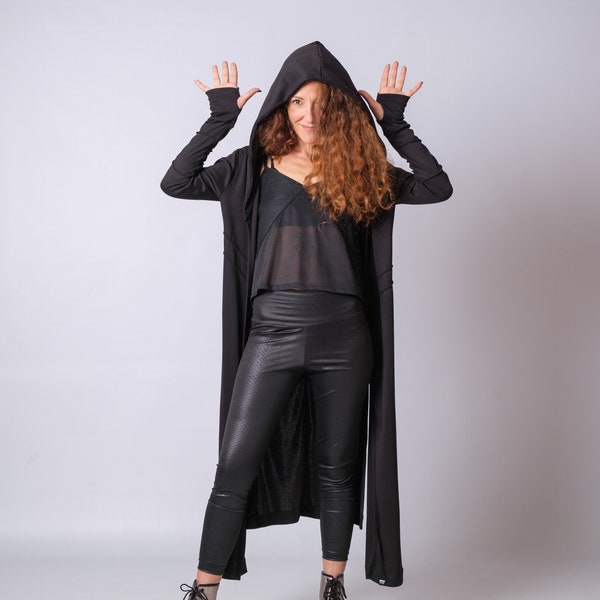 Schwarze Cyberpunk Lange Strickjacke mit Daumenlöchern / Casual Side Split Asymmetrische Jacke mit Kapuze / Gothic Fashion