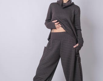 Black Quilted Harem Pants, Loose Cotton Drop Crotch Trousers, Oversized Avant Garde Boho Loungewear