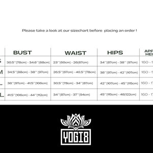 May include: Size chart for clothing with measurements in inches and centimeters. The chart includes bust, waist, hips, and approximate height measurements for sizes XS, S/M, M/L, and L/XL.