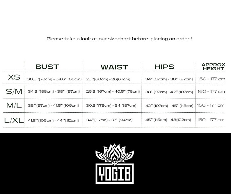 May include: Size chart for clothing with measurements in inches and centimeters. The chart includes bust, waist, hips, and approximate height measurements for sizes XS, S/M, M/L, and L/XL.